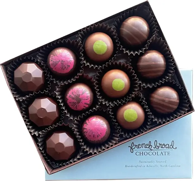 A box of assorted chocolate by French Broad Chocolates